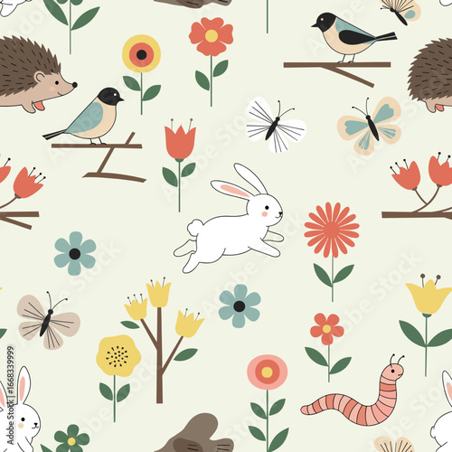Whimsical woodland creatures and blooming flowers in a delightful pattern