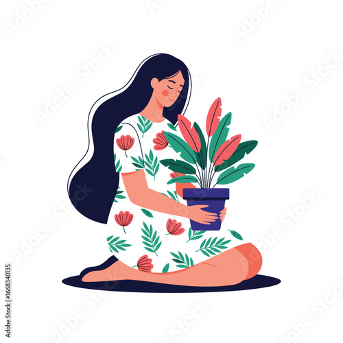 A woman tenderly cradles her potted plant embracing nature's beauty