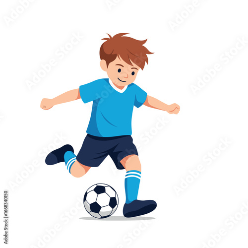 Young boy kicking a soccer ball with enthusiasm and skill on a white background