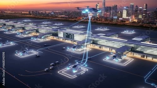 Futuristic aerial transportation hub at sunset with drones taking off and city skyline
