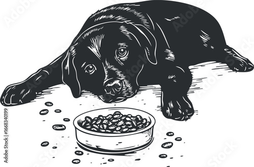 Black dog puppy lying down looking at bowl of dog food with scattered kibble around