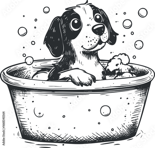 Black and white illustration of a cute puppy enjoying a bath in a tub with soap bubbles