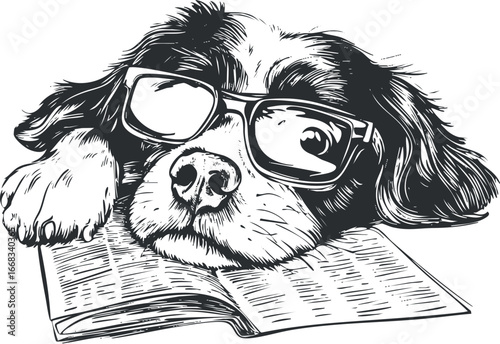 Black and white illustration of a dog wearing glasses lying on an open book, symbolizing intelligence and relaxation.