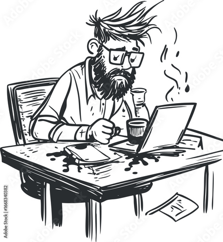 Illustration of a messy bearded man wearing glasses working on a laptop with coffee and tablet on desk
