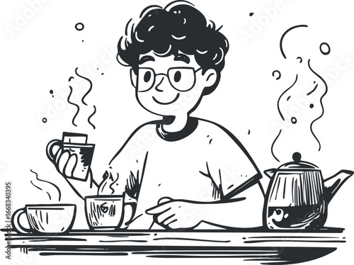 Hand drawn black and white illustration of a young person enjoying hot coffee and tea with steaming cups and teapot on table