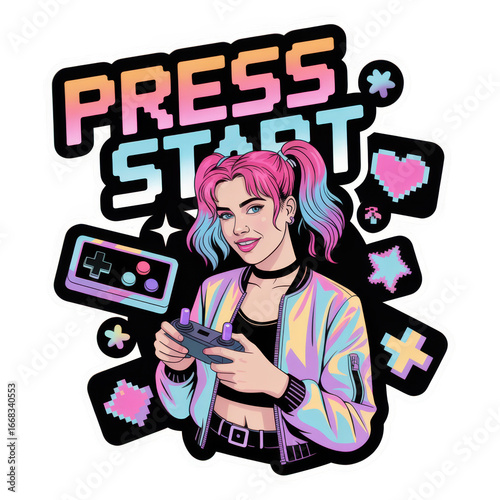 Gamer Girl Press Start Retro Illustration