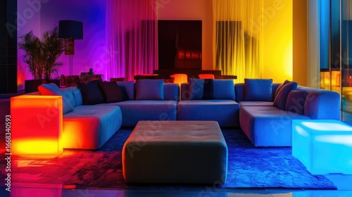 modern lounge with colorful lighting and stylish furniture