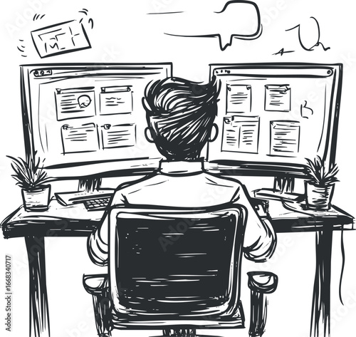 Black and white sketch of a person working on dual computer monitors at a desk with plants in an office setup