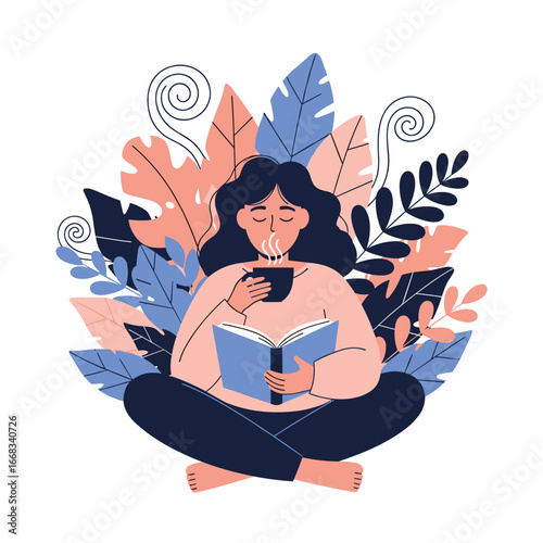 A person enjoying a cozy moment reading a book with a warm beverage amongst lush foliage