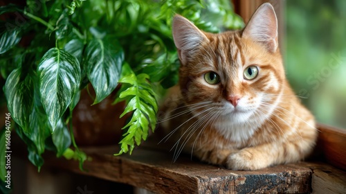An adorable ginger cat with striking green eyes rests next to lush green leaves, capturing the essence of coziness and the delightful companionship of pets in a natural setting.