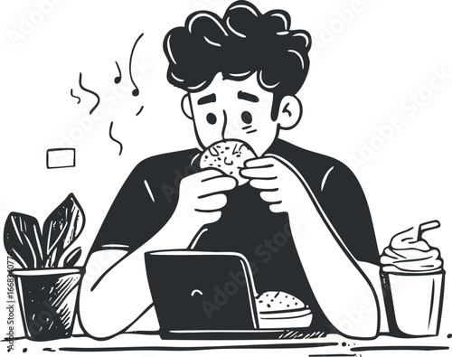 Black and white illustration of a man eating a burger while working on a laptop at a desk with a plant and drink