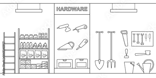 Hardware store graphic black white interior sketch illustration vector 