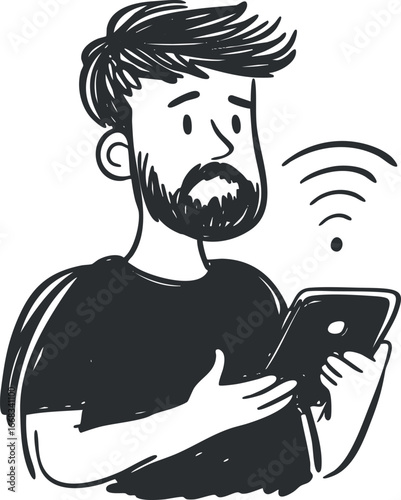 Illustration of a bearded man holding a smartphone with wifi signal indicating internet connection issues