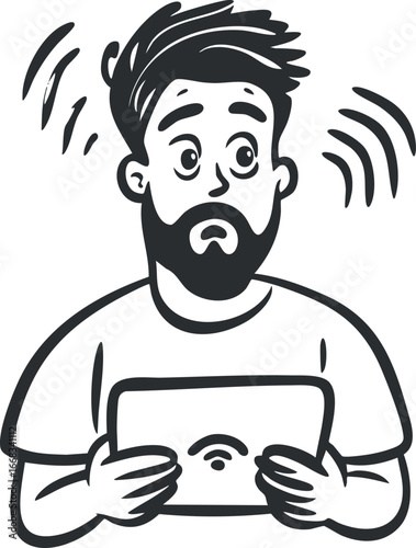Black and white illustration of a worried man holding a tablet with wifi signal issues