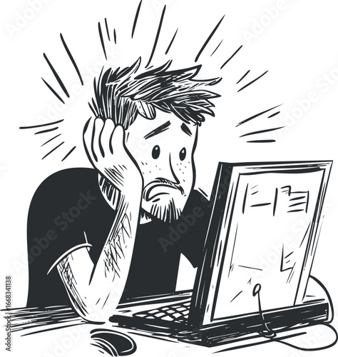 Black and white illustration of a stressed man sitting at a computer, showing frustration and worry