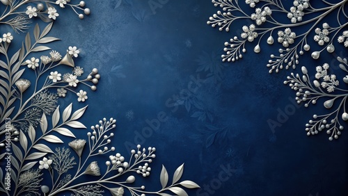 Delicate silver foliage with vibrant white flowers against a rich navy blue background