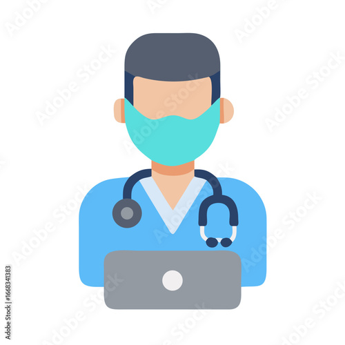 Illustration of a doctor working on his laptop computer