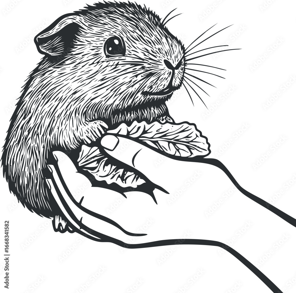 Obraz premium Black and white illustration of a hand feeding a small guinea pig with a leafy vegetable