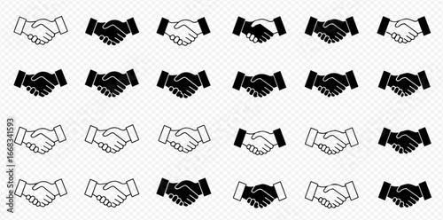 A repeating pattern of black and white handshake icons arranged in a grid on a transparent background, symbolizing agreement and partnership.