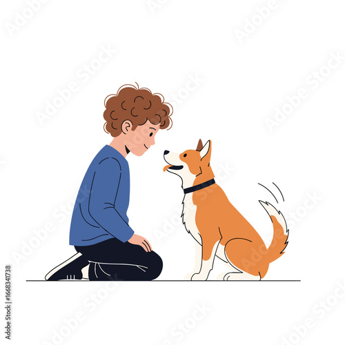 Happy young boy kneeling down interacting affectionately with his loyal dog