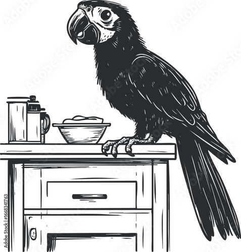Black and white illustration of a parrot perched on a kitchen table with bowl and coffee press