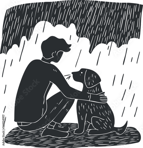 Silhouette of a person crouching and comforting a dog in the rain showing companionship and care outdoors