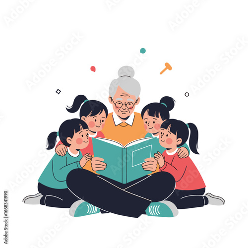 Grandmother reads a storybook to her grandchildren creating joyful family moments together
