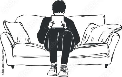 Person sitting on a sofa using a tablet device in a relaxed indoor setting