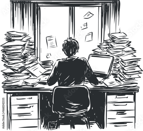 Black and white sketch of a person overwhelmed with piles of paper and working on a laptop at a cluttered desk.