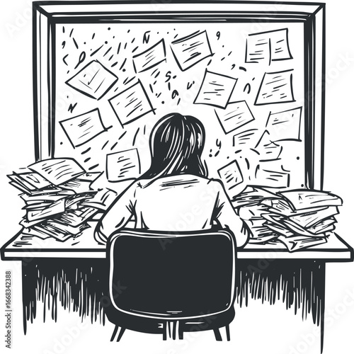 Woman sitting at desk overwhelmed with piles of papers and documents, representing work stress and overload