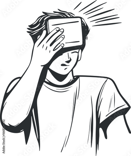 Black and white illustration of a young person holding their forehead in pain or headache discomfort