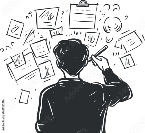 Black and white illustration of a man brainstorming and organizing ideas on floating papers and notes