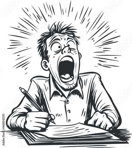 Black and white cartoon illustration of a stressed man shouting while writing under pressure at work