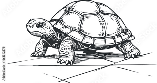 Black and white detailed sketch of a turtle walking on cracked ground showing shell and legs