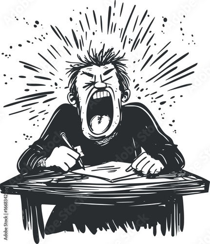 Black and white illustration of a frustrated student yelling at a desk while taking a test