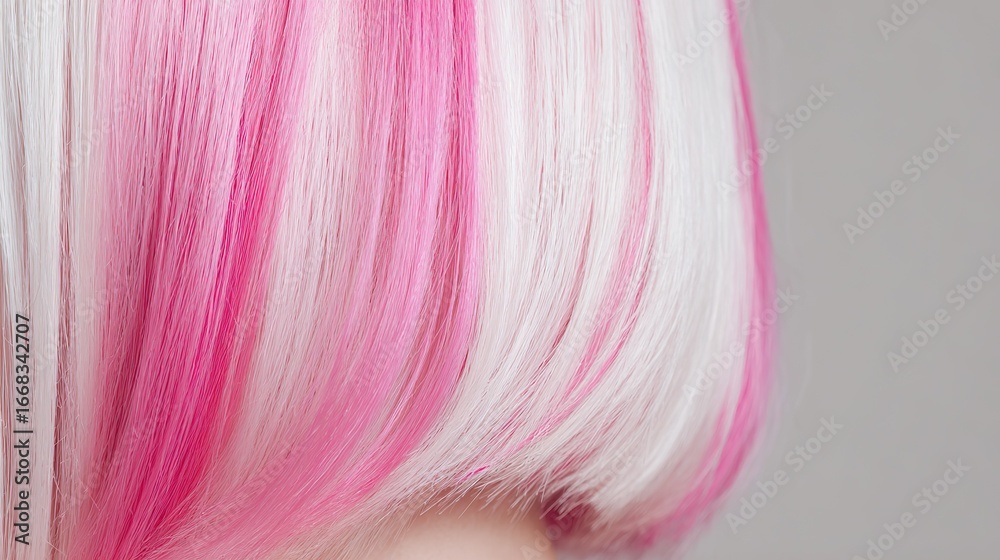 Naklejka premium Close-up details of the model's pink and white hair, part of the fashion concept, perfect for fashion or editorial shoots that highlight the latest hair dyeing and styling trends.