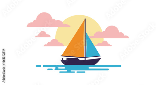 A colorful sailboat on calm waters with sunny sky and clouds