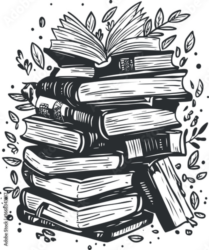 Illustration of a stack of vintage books with open pages surrounded by leaves and decorative elements