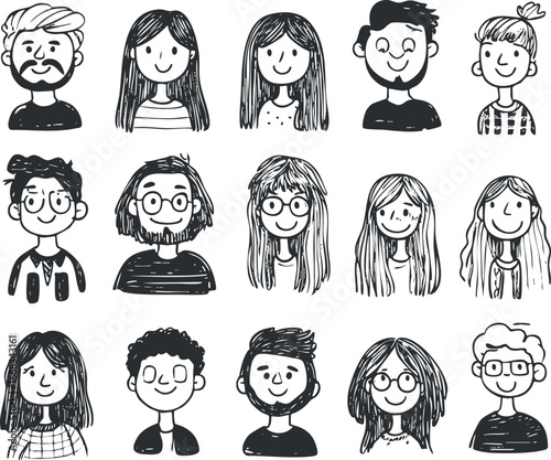 Black and white hand drawn doodle portraits of diverse men and women with various hairstyles and glasses