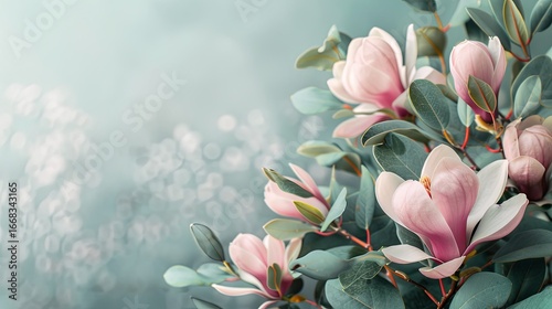 Wedding floral backdrop - pink magnolias and eucalyptus on pastel background. Copy space