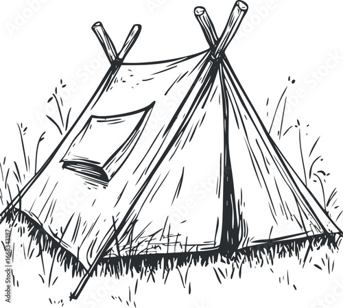 Hand-drawn black and white sketch of a traditional camping tent pitched in grassy outdoor setting