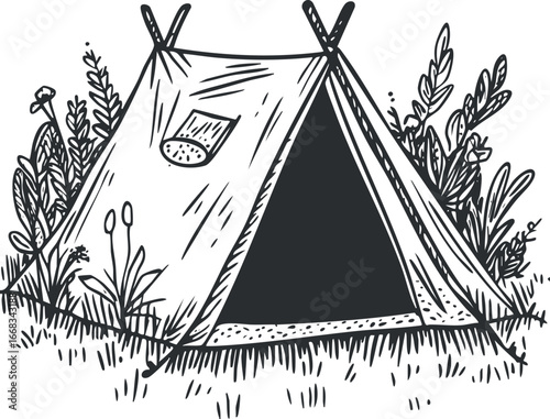 Black and white illustration of a camping tent set up in nature surrounded by grass and plants for outdoor adventure