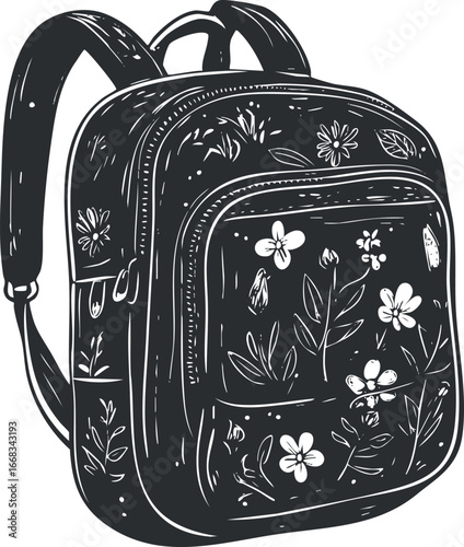 Black and white illustration of a floral patterned backpack with multiple compartments and shoulder straps