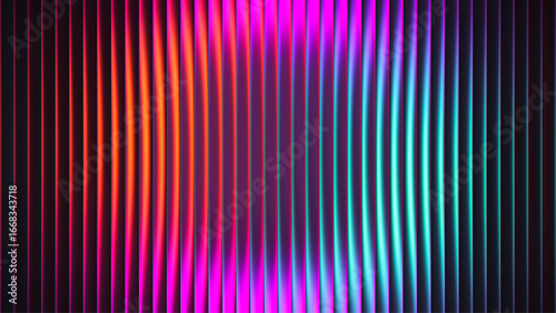 Intense vibrant neon waves in fractal glass texture forming circular light illusion. Bright circular banner with dazzling fluorescent light diffusion effect for contemporary visual concepts. Vector