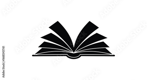 A black and white icon of an open book with pages fanned out