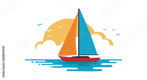 a red sailboat on calm waters with a sunny sky and birds flying overhead