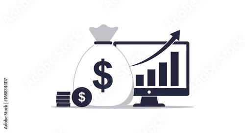 Money bag with dollar sign and computer monitor showing growing graph