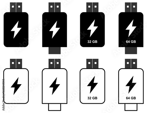 USB Pen drive icon vector pack, Technology Projects, data storage device symbol design on white background.