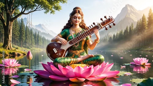 Wallpaper Mural Saraswati Playing Veena on Lotus in Serene Landscape Torontodigital.ca