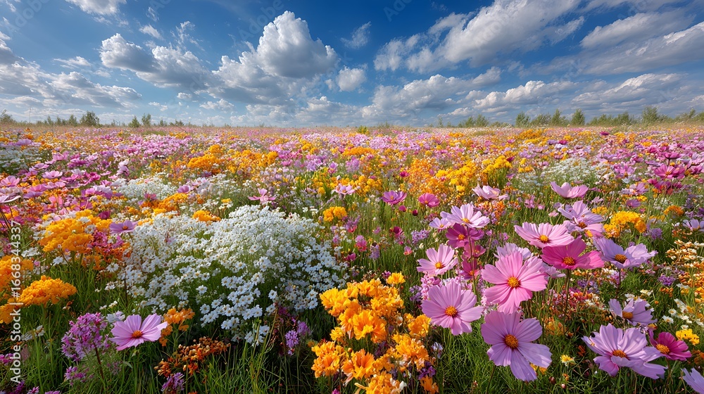 Fototapeta premium Vibrant, sun-drenched meadow is bursting with a multitude of colorful wildflowers. The idyllic summer scene is shot from a low angle under a blue sky.